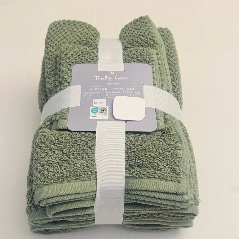 6pc TRULY LOU 100% Cotton Bath Towel Set - OILGRN